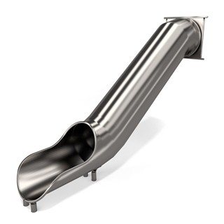 Tube slide made of stainless steel AISI 304. The metal sheet is 2 mm thick and the end section is finished with a band made of pipe 33,7 mm. The surface is polished. 