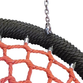 “Bird nest”  type seat  with a diameter of 100 cm, hanged on 6 mm stainless steel chains. Metal frame covered with soft polypropylene rope. 